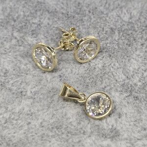 ORO 10K SET BISELADO BROQUEL & PENDANT CZ Gold Earrings Stud Round Bezel